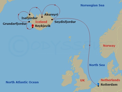 HAL Rotterdam - 7 Night - Fjords of Iceland - HAL Rotterdam - Starting in Rotterdam, the Netherlands, Seydisfjordur, Iceland, Scenic cruising Seydisfjordur, Akureyri, Iceland.. itinerary map