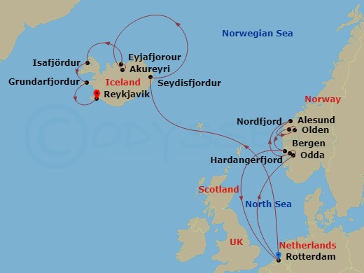 HAL Rotterdam - 14 Night - Fjords of Norway & Iceland Collectors' Voyage - HAL Rotterdam - Starting in Rotterdam, the Netherlands, Odda, Norway, Scenic cruising Hardangerfjor.. itinerary map