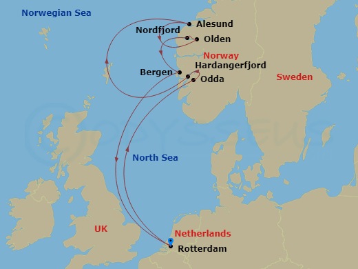 HAL Rotterdam - 7 Night - Norwegian Fjords with Nordfjord - HAL Rotterdam - Starting in Rotterdam, the Netherlands, Odda, Norway, Scenic cruising Hardangerfjord, Alesund, Nor.. itinerary map