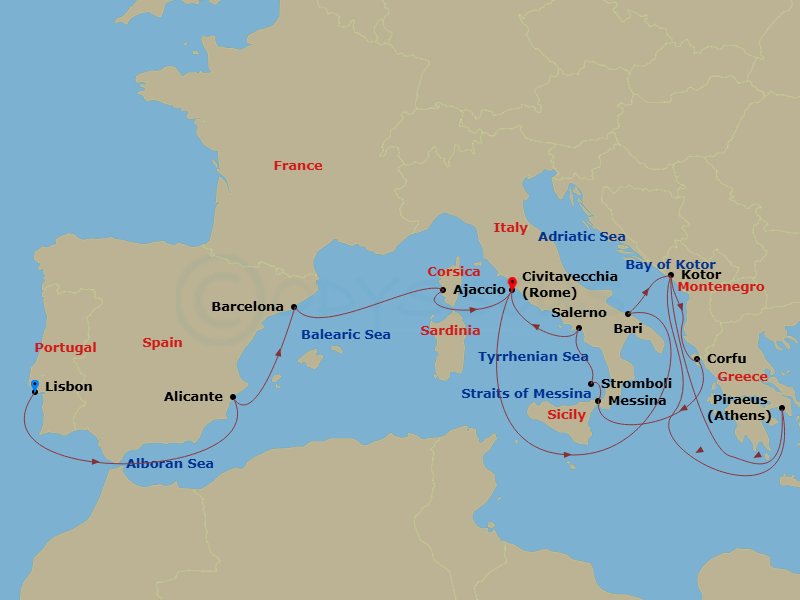 20 Night - Solar Eclipse Collectors' Voyage : Spain & Italy - Oosterdam - Starting in Lisbon, Portugal, Alicante, Spain, Barcelona, Spain, Ajaccio, Corsica, France, Civitavecchia (Rome), Italy, Bari (Puglia), Italy, Kotor, Montenegro, Scenic cruising Bay of Kotor, Piraeus (Athens), Greece, Kotor, Montenegro, Scenic cruising Bay of Kotor, Kerkira, (Corfu), Greece, Messina, Italy, Cruising Strait of Messina, Evening cruising Stromboli Volcano, Salerno, Italy, Civitavecchia (Rome), Italy itinerary map