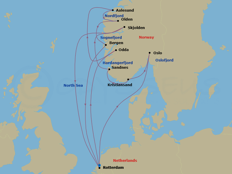 14 Night - Fjords of Norway Collectors' Voyage - Rotterdam - Starting in Rotterdam, the Netherlands, Scenic cruising Oslofjord, Oslo, Norway, Kristiansand, Norway, Sandnes (Stavanger), Norway, Scenic cruising Sognefjord, Skjolden, Norway, Rotterdam, the Netherlands, Odda, Norway, Scenic cruising Hardangerfjord, Alesund, Norway, Olden, Norway, Scenic Cruising Nordfjord, Bergen, Norway, Rotterdam, the Netherlands itinerary map