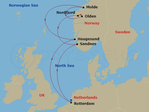 HAL Rotterdam - 7 Night - Norwegian Fjords with Nordfjord - HAL Rotterdam - Starting in Rotterdam, the Netherlands, Haugesund, Norway, Molde, Norway, Scenic cruising Molde Fj.. itinerary map