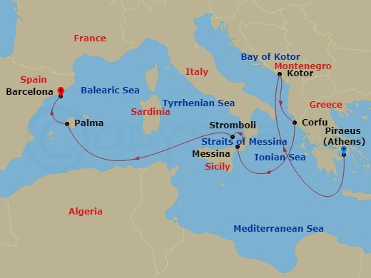 HAL Oosterdam - 7 Night - Mediterranean Sicily & Spain with History Channel - HAL Oosterdam - Starting in Piraeus (Athens), Greece, Kotor, Montenegro, Scenic cruising Bay of.. itinerary map