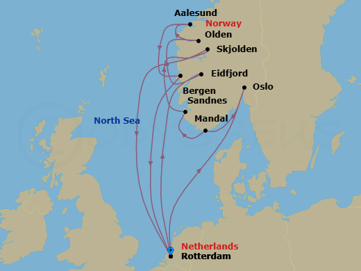 14 Night - Fjords of Norway Collectors' Voyage - Rotterdam - Starting in Rotterdam, the Netherlands, Scenic cruising Oslofjord, Oslo, Norway, Mandal (Kristiansand), Norway, Sandnes (Stavanger), Norway, Scenic cruising Sognefjord, Skjolden, Norway, Rotterdam, the Netherlands, Eidfjord, Norway, Scenic cruising Hardangerfjord, Olden, Norway, Scenic Cruising Nordfjord, Alesund, Norway, Bergen, Norway, Rotterdam, the Netherlands itinerary map