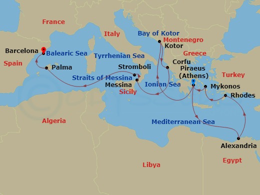 14 Night - Egypt, Greece, Sicily & Spain Collectors' Voyage - Oosterdam - Starting in Piraeus (Athens), Greece, Alexandria EG (Cairo), Egypt, Rhodes, Greece, Mykonos, Greece, Piraeus (Athens), Greece, Kotor, Montenegro, Scenic cruising Bay of Kotor, Kerkira, (Corfu), Greece, Messina, Italy, Cruising Strait of Messina, Evening cruising Stromboli Volcano, Palma De Mallorca, Spain, Barcelona, Spain itinerary map
