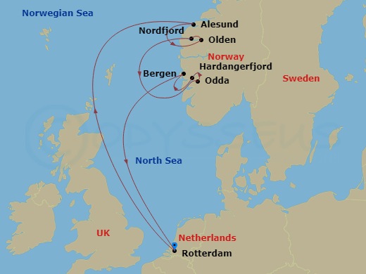 HAL Rotterdam - 7 Night - Norwegian Fjords with Nordfjord - HAL Rotterdam - Starting in Rotterdam, the Netherlands, Alesund, Norway, Olden, Norway, Scenic Cruising Nordfjord,.. itinerary map