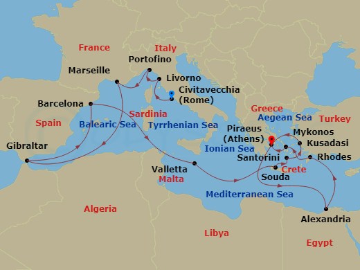 HAL Oosterdam - 21 Night - Ultimate Mediterranean Marvels Collectors' Voyage - HAL Oosterdam - Starting in Civitavecchia (Rome), Italy, Livorno (Florence / Pisa), Italy, Port.. itinerary map