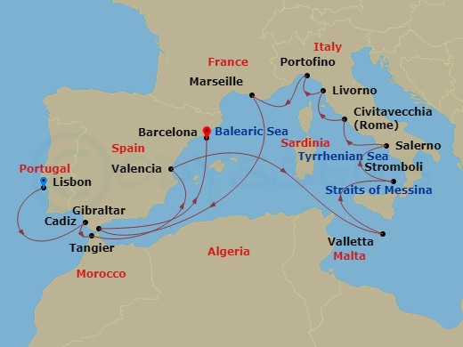 HAL Oosterdam - 18 Night - Mediterranean Collectors' : Italian & French Rivieras - HAL Oosterdam - Starting in Lisbon, Portugal, Cadiz (Seville), Spain, Tangier, Morocco, Val.. itinerary map