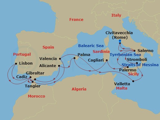 HAL Oosterdam - 21 Night - Italy, Spain & Malta Collectors Voyage - HAL Oosterdam - Starting in Civitavecchia (Rome), Italy, Salerno, Italy, Palermo, Sicily, Italy, Cagliari,.. itinerary map