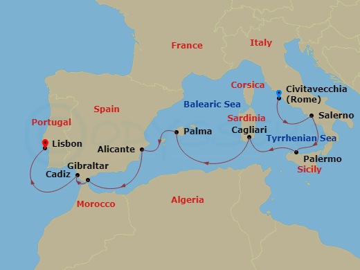 HAL Oosterdam - 10 Night - Western Mediterranean : Idyllic Isles & Hidden Gems - HAL Oosterdam - Starting in Civitavecchia (Rome), Italy, Salerno, Italy, Palermo, Sicily, Ita.. itinerary map