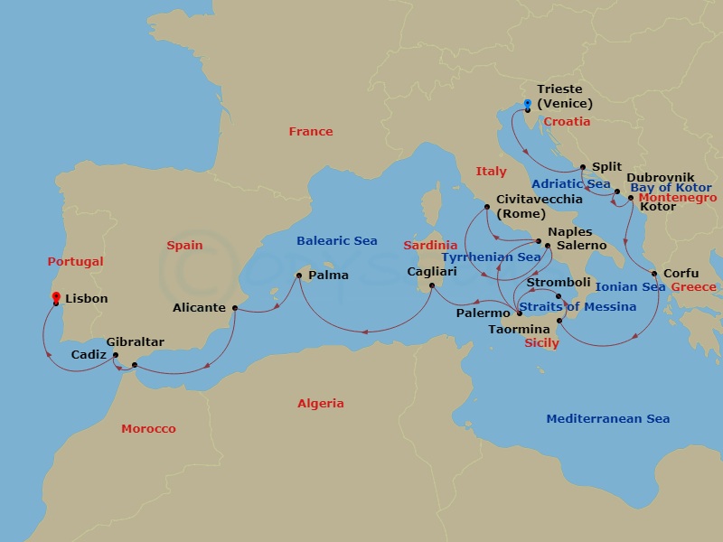 HAL Oosterdam - 20 Night - Dalmatian Coast, Italy & Spain Collectors' Voyage - HAL Oosterdam - Starting in Trieste (Venice), Italy, Split, Croatia, Dubrovnik, Croatia, Kotor,.. itinerary map
