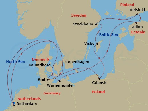 HAL Rotterdam - 14 Night - Baltic & Scandinavian Capitals - HAL Rotterdam - Starting in Rotterdam, the Netherlands, Kalundborg, Denmark, Warnemunde (Berlin), Germany, Tallinn.. itinerary map