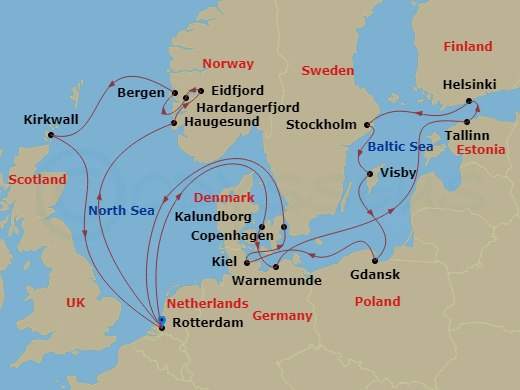 HAL Rotterdam - 21 Night - Fjords, Scotland & the Baltics Collectors' Voyage - HAL Rotterdam - Starting in Rotterdam, the Netherlands, Haugesund, Norway, Eidfjord, Norway, Sc.. itinerary map