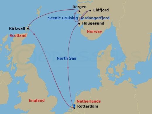 HAL Rotterdam - 7 Night - Norwegian Fjords with Sccotland - HAL Rotterdam - Starting in Rotterdam, the Netherlands, Haugesund, Norway, Eidfjord, Norway, Scenic cruising Harda.. itinerary map