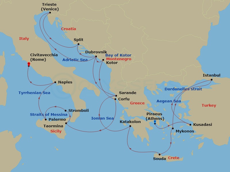 HAL Oosterdam - 21 Night - Greece, Croatia & Italy Collectors' Voyage - HAL Oosterdam - Starting in Piraeus (Athens), Greece, Kusadasi (Ephesus), Turkey, Cruising the Dardane.. itinerary map