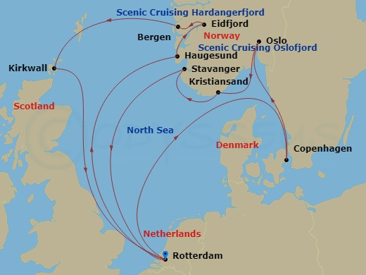 HAL Rotterdam - 14 Night - Fjords of Norway Collectors' Voyage - HAL Rotterdam - Starting in Rotterdam, the Netherlands, Copenhagen, Denmark, Scenic cruising Oslofjord, Oslo,.. itinerary map