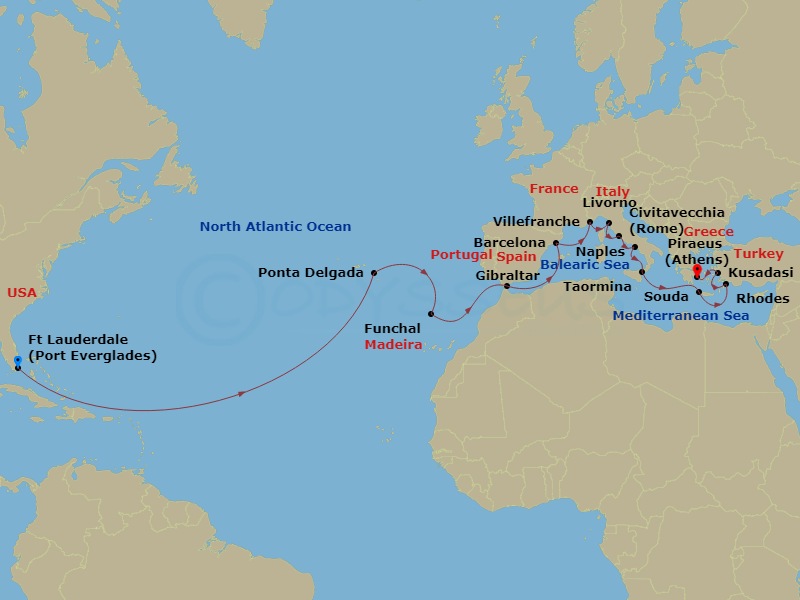 HAL Oosterdam - 25 Night - Transatlantic, Italy & Greece Collectors' Voyage - HAL Oosterdam - Starting in Fort Lauderdale, Florida, Ponta Delgada, Sao Miguel, Azores, Portuga.. itinerary map