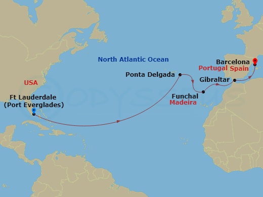 HAL Oosterdam - 14 Night - Cultural Crossing with Azores - HAL Oosterdam - Starting in Fort Lauderdale, Florida, Ponta Delgada, Sao Miguel, Azores, Portugal, Funchal (Madeira.. itinerary map
