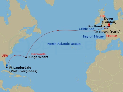 HAL Nieuw Statendam - 13 Night - Cultural Crossing with Paris & London - HAL Nieuw Statendam - Starting in Fort Lauderdale, Florida, Kings Wharf, Bermuda, Portland UK (Weymouth), E.. itinerary map