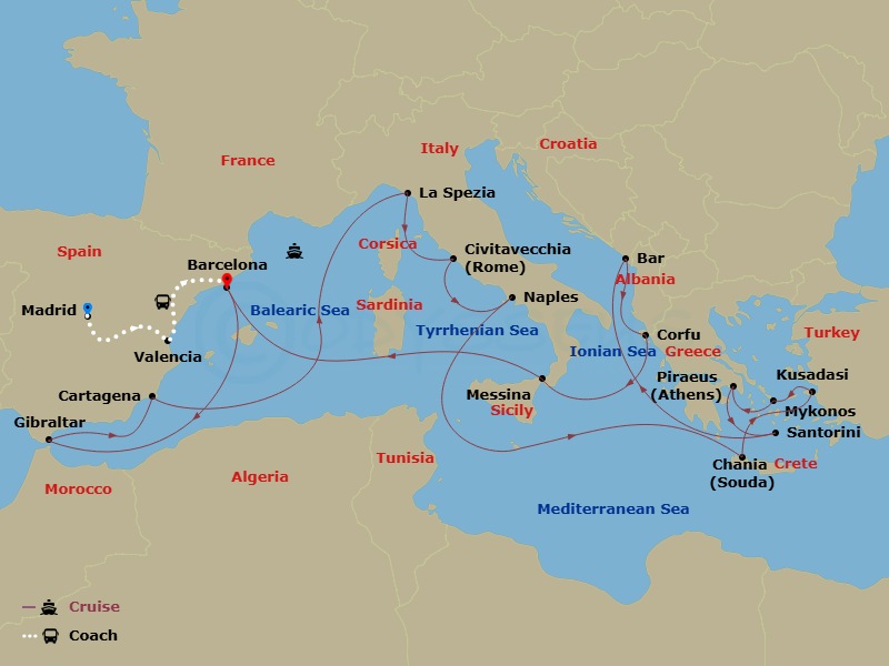 Sun Princess Cruise Tours - 27 Night - Highlights of Spain - Tour 2C - Sun Princess Cruise Tours - Starting in Madrid, Spain, Valencia, Spain, Barcelona, Spain, Gibraltar, Cartagena ES,.. itinerary map