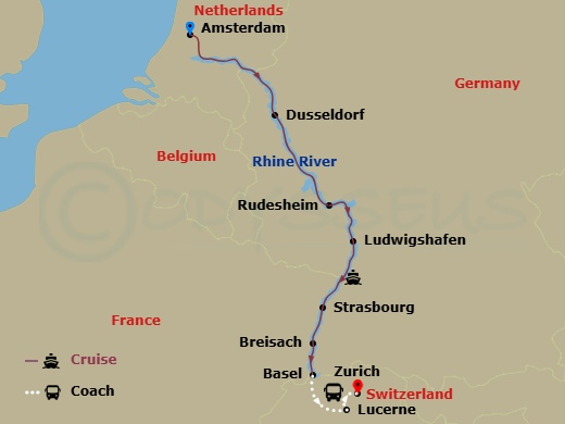 AmaPrima Cruise Tours - 13 Night - Captivating Rhine with Amsterdam Pre-Cruise and Lucerne, Zurich Post-Cruise - AmaPrima Cruise Tours - Starting in Amsterdam, Dusseldorf, Rhine Gorg.. itinerary map