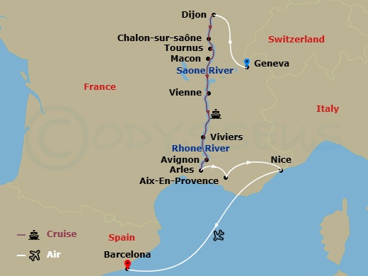 AmaCello Cruise Tours - 13 Night - Essence of Burgundy & Provence (Wine Cruise) with Geneva Pre-Cruise and Nice Post-Cruise - AmaCello Cruise Tours - Starting in Geneva, Dijon, Chalo.. itinerary map