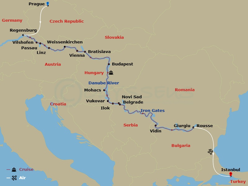 AmaMagna Cruise Tours - 20 Night - Grand Danube Cruise with Prague Pre-Cruise and Istanbul Post-Cruise - AmaMagna Cruise Tours - Starting in Prague, Regensburg, Vilshofen, Passau, Li.. itinerary map