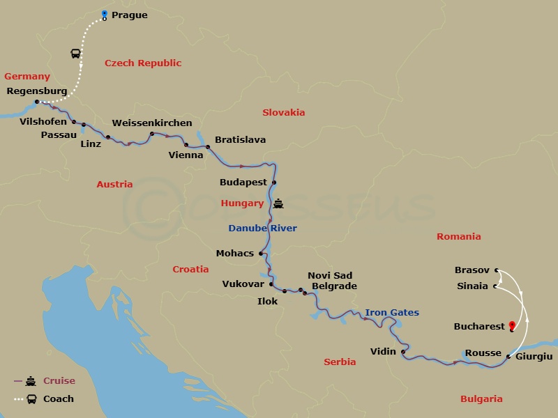 AmaMagna Cruise Tours - 21 Night - Grand Danube Cruise with Prague Pre-Cruise and Brasov, Bucharest Post-Cruise - AmaMagna Cruise Tours - Starting in Prague, Regensburg, Vilshofen, P.. itinerary map