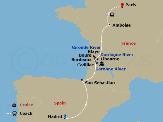 AmaDolce Cruise Tours - 14 Night - Taste of Bordeaux (Wine Cruise) with Madrid, San Sebastian Pre-Cruise and Loire Valley, Paris Charles De Gaulle Post-Cruise - AmaDolce Cruise Tours itinerary map