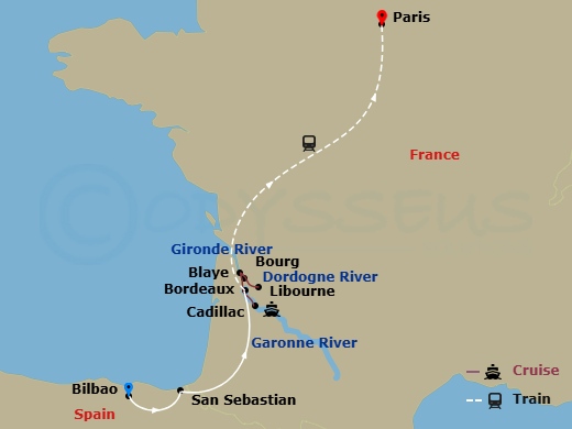 AmaDolce Cruise Tours - 14 Night - Taste of Bordeaux (Wine Cruise) with Bilbao, San Sebastian Pre-Cruise and Paris Post Cruise - AmaDolce Cruise Tours - Starting in Bilbao, San Sebas.. itinerary map