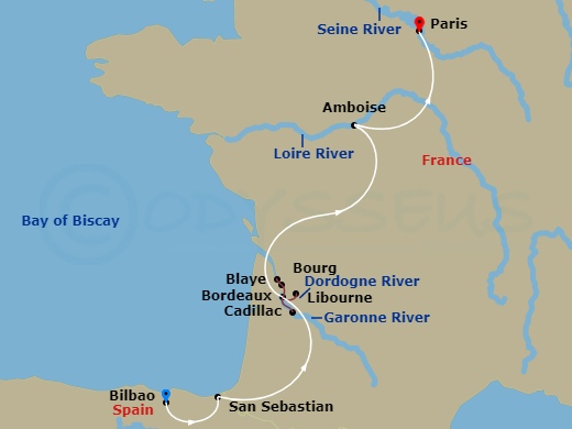 AmaDolce Cruise Tours - 14 Night - Taste of Bordeaux (Wine Cruise) with Bilbao, San Sebastian Pre-Cruise and Loire Valley, Paris Charles De Gaulle Post-Cruise - AmaDolce Cruise Tours itinerary map