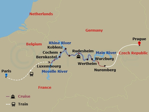 AmaCerto Cruise Tours - 13 Night - Europe's Rivers & Castles with Paris Pre-Cruise and Prague Post-Cruise - AmaCerto Cruise Tours - Starting in Paris, Luxembourg, Bernkastel, Cochem,.. itinerary map