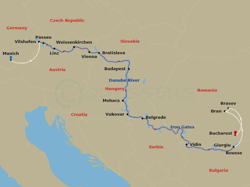AmaVerde Cruise Tours - 20 Night - Grand Danube Cruise with Munich Pre-Cruise and Brasov, Bucharest Post-Cruise - AmaVerde Cruise Tours - Starting in Munich, Vilshofen, Passau, Linz,.. itinerary map