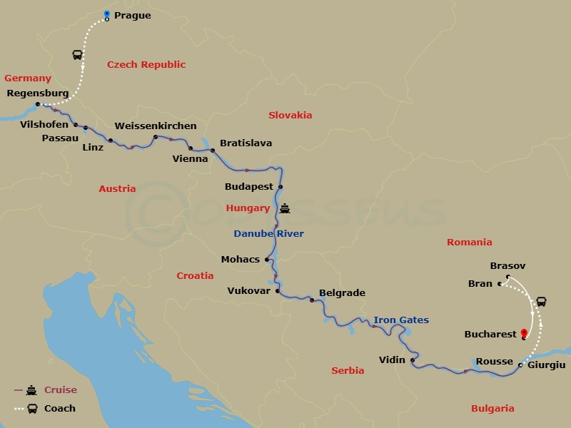 AmaVerde Cruise Tours - 21 Night - Grand Danube Cruise with Prague Pre-Cruise and Brasov, Bucharest Post-Cruise - AmaVerde Cruise Tours - Starting in Prague, Regensburg, Vilshofen, P.. itinerary map