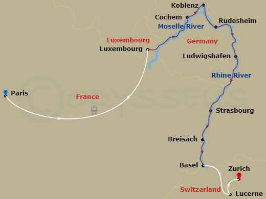 AmaCerto Cruise Tours - 14 Night - Rhine & Moselle Splendors (Wine Cruise) with Paris Pre-Cruise and Lucerne, Zurich Post-Cruise - AmaCerto Cruise Tours - Starting in Paris, Luxembou.. itinerary map