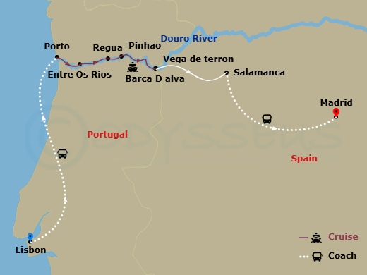 AmaVida Cruise Tours - 13 Night - Flavors of Portugal & Spain (Wine Cruise) with Lisbon Pre-Cruise and Madrid Post-Cruise - AmaVida Cruise Tours - Starting in Lisbon, Porto, Entre-o.. itinerary map