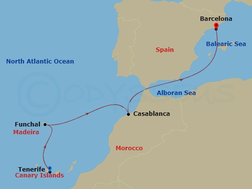 Costa Fortuna - 5 Night - Western Mediterranean from S. Cruz De Tenerife - Costa Fortuna - Starting in Santa Cruz de Tenerife, Funchal, Casablanca, Barcelona itinerary map