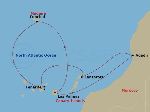 Costa Fortuna - 7 Night - Western Mediterranean from S. Cruz De Tenerife - Costa Fortuna - Starting in Santa Cruz de Tenerife, Arrecife (Lanzarote), Agadir, Las Palmas, Funch.. itinerary map