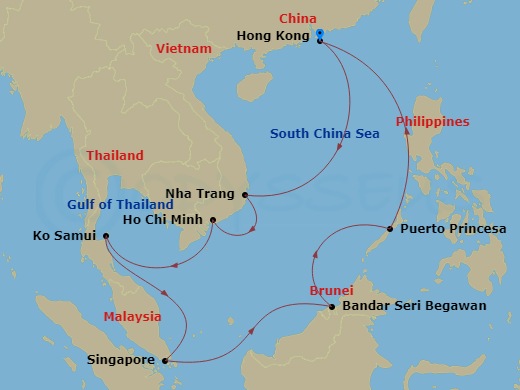 Costa Serena - 14 Night - Far East from Hongkong - Costa Serena - Starting in Hong Kong, Nha Trang, Phu My, Vietnam, Koh Samui, Thailand, Singapore, Bandar Seri Begawan, Bru.. itinerary map