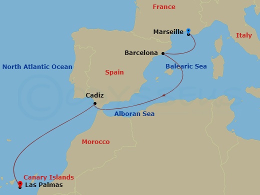 Costa Fortuna - 5 Night - Western Mediterranean from Marseille - Costa Fortuna - Starting in Marseille, Barcelona, Cadice, Las Palmas itinerary map