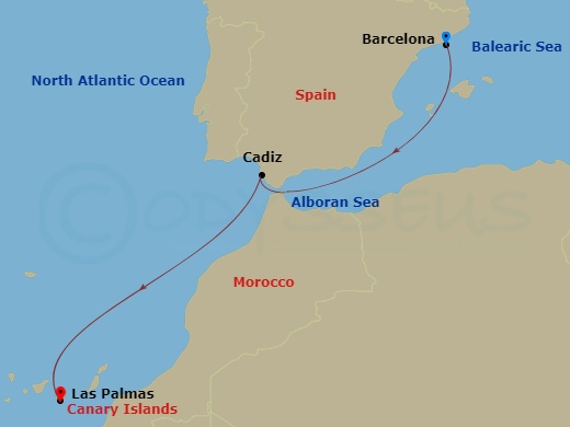 Costa Fortuna - 4 Night - Western Mediterranean from Barcelona - Costa Fortuna - Starting in Barcelona, Cadice, Las Palmas itinerary map
