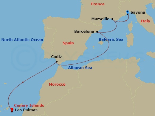 Costa Fortuna - 6 Night - Western Mediterranean from Savona - Costa Fortuna - Starting in Savona, Marseille, Barcelona, Cadice, Las Palmas itinerary map