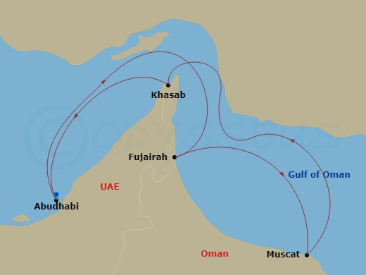 Celestyal Discovery - 4 Night - Iconic Arabia - Celestyal Discovery - Starting in Abu Dhabi, Uae, Doha, Qatar, Ras Al Khaimah, Uae, Khasab, Oman, Abu Dhabi, Uae itinerary map