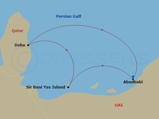 Celestyal Discovery - 3 Night - Iconic Arabia - Celestyal Discovery - Starting in Abu Dhabi, Uae, Dubai, Uae, Sir Baniyas Island, UAE, Abu Dhabi, Uae itinerary map