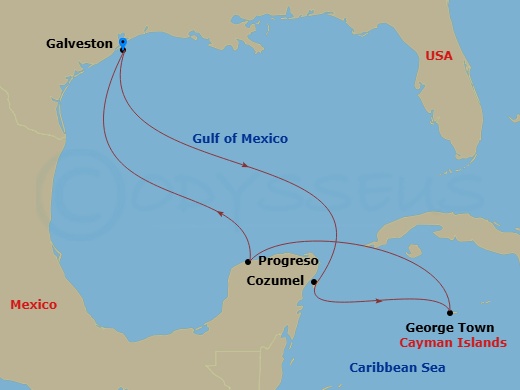 Disney Magic - 7 Night - Western Caribbean Cruise from Galveston - Disney Magic - Starting in Galveston, Cozumel, Mexico, George Town, Grand Cayman, Progreso, Galveston itinerary map