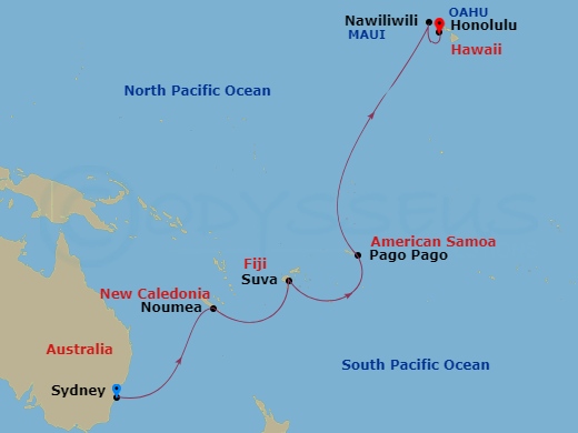 Disney Wonder - 14 Night - South Pacific Cruise from Sydney Ending in Honolulu - Disney Wonder - Starting in Sydney AU, Noumea, Suva, International Date Line, Pago Pago, Nawi.. itinerary map