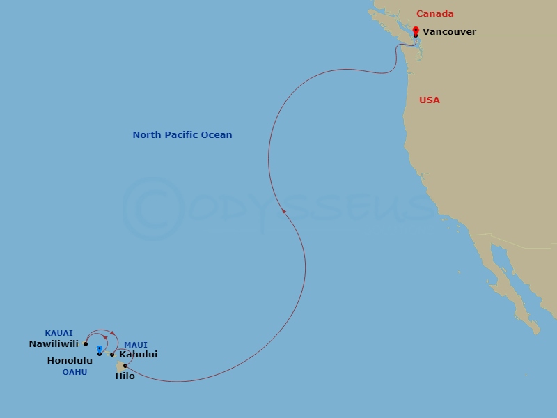 Disney Wonder - 10 Night - Hawaiian Cruise from Honolulu Ending in Vancouver - Disney Wonder - Starting in Honolulu, Nawiliwili, Kahului, Hilo, Vancouver itinerary map