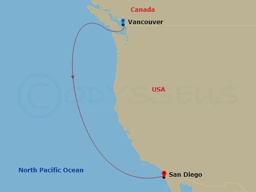 Disney Wonder - 4 Night - Pacific Coast Cruise from Vancouver Ending in San Diego - Disney Wonder - Starting in Vancouver, San Diego itinerary map
