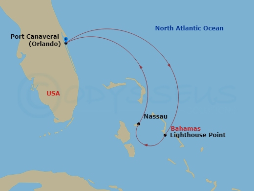 Disney Fantasy - 5 Night - Bahamian Cruise from Port Canaveral with Pixar Day at Sea - Disney Fantasy - Starting in Port Canaveral, Disney Lookout Cay, Nassau, Port Canaveral itinerary map