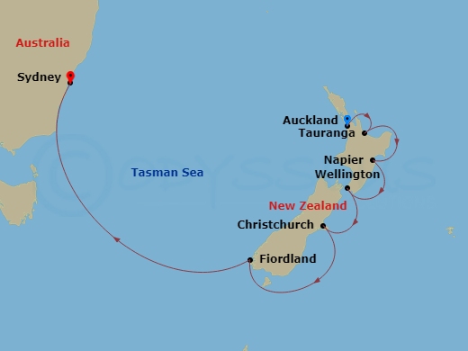 Disney Wonder - 10 Night - Disney Magic at Sea Cruise from Auckland Ending in Sydney - Disney Wonder - Starting in Auckland, Tauranga, Napier, Wellington, Christchurch, Fiord.. itinerary map